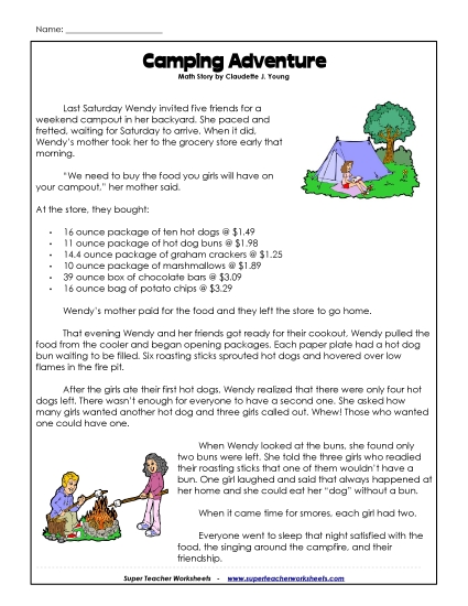 Math Story - Camping  Free Word Problems Worksheet