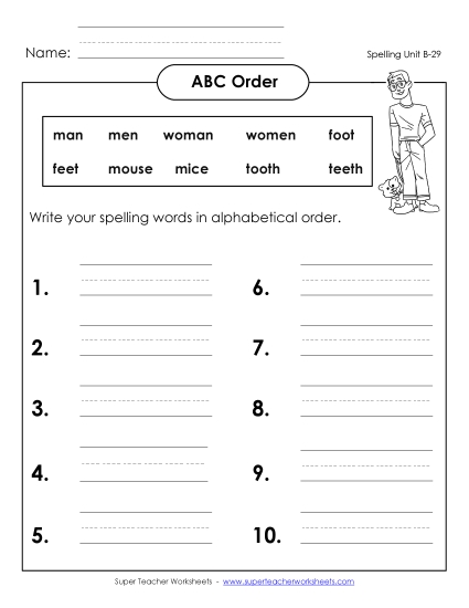 ABC Order: Write List (B-29) Spelling B Worksheet