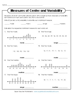 Measures of Center & Variability  (Mean, Median, Mode, Range) Statistics Worksheet