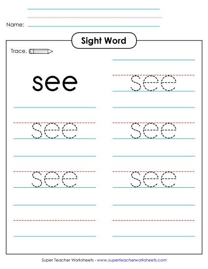 Trace the Word: See Sight Words Individual Worksheet