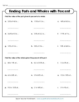 New Finding Parts and Wholes with Percent Worksheet