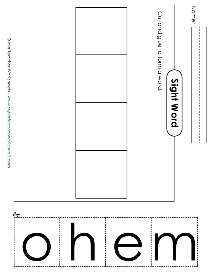 Large Cut-and-Glue: Home Sight Words Individual Worksheet
