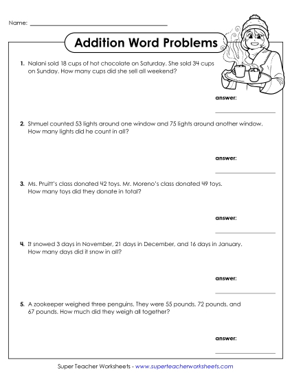 New Winter Word Problems (Addition) Worksheet