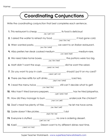 aCoordinating Conjunctions Fill-in