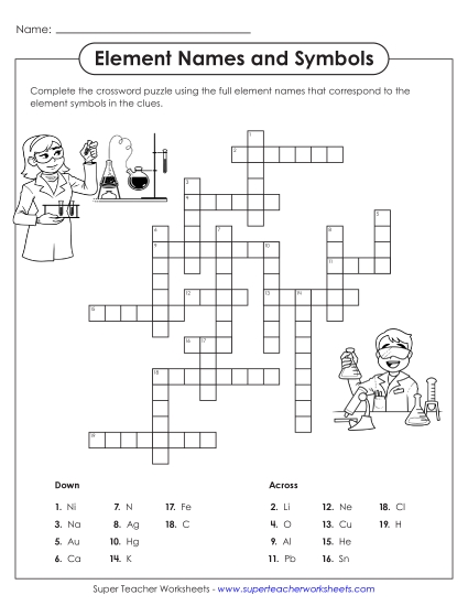 New Element Names and Symbols Crossword Worksheet