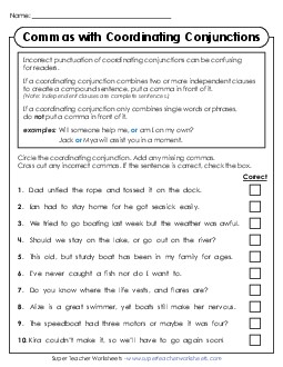 Commas with Coordinating Conjunctions Worksheet