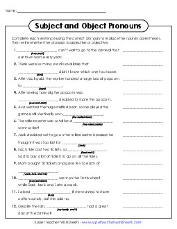 Subject & Object Pronouns Fill in the Blank Worksheet