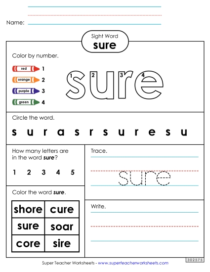 Worksheet 4: Sure Sight Words Individual Worksheet