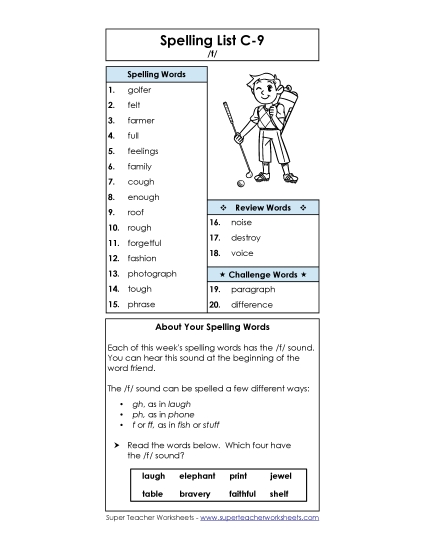 Spelling List C-9 Spelling C Worksheet