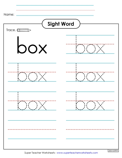 Trace the Word: Box Sight Words Individual Worksheet