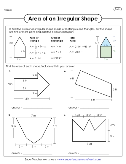 New Area of an Irregular Shape: Triangles and Rectangles Worksheet