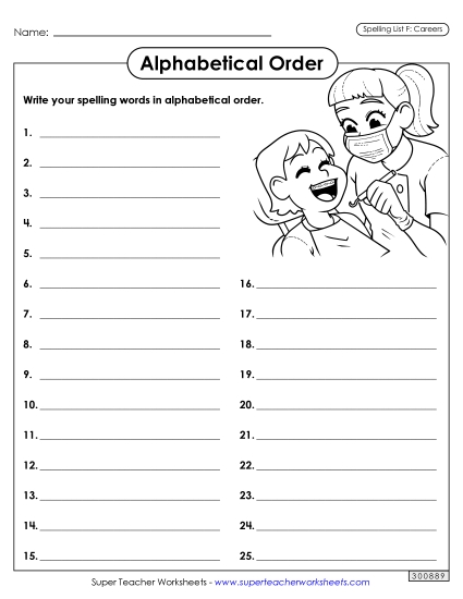 Alphabetical Order: Whole List (Careers) Spelling F Worksheet