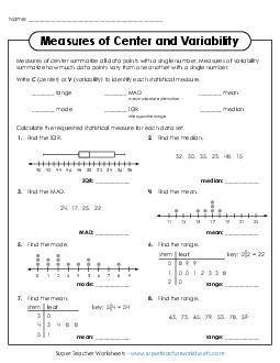 Finding Measures of Center and Variability Statistics Worksheet