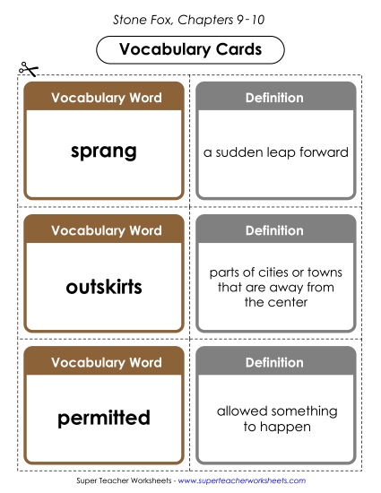 Vocabulary Cards for Chapters 9-10 Books Worksheet