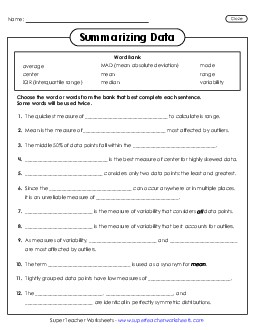 Summarizing Data Cloze Statistics Worksheet