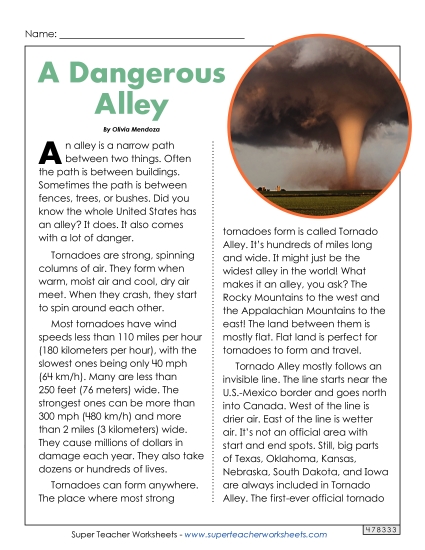 Tornado Alley Article Reading Comprehension Worksheet