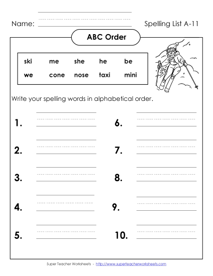 ABC Order: Write (A-11) Spelling A Worksheet