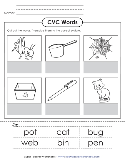 New CVC Words Cut & Glue Worksheet