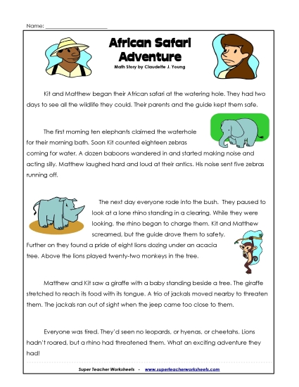 Math Story - Safari Free Word Problems Worksheet