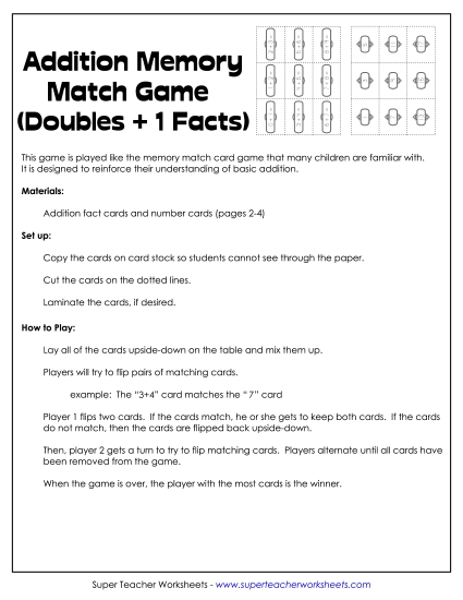 Addition Memory Match Card Game: Doubles +1 Worksheet