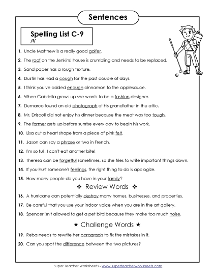 Spelling Test Sentences (C-9)  Spelling C Worksheet
