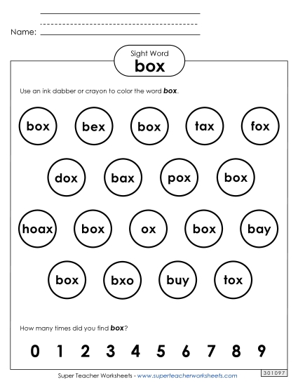Dab or Color: Box Sight Words Individual Worksheet