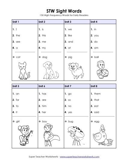 Full Sight Words List (Units 1 through 30) Worksheet