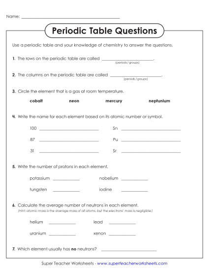 New Periodic Table Questions Worksheet