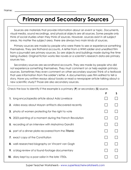 New Primary and Secondary Sources Worksheet