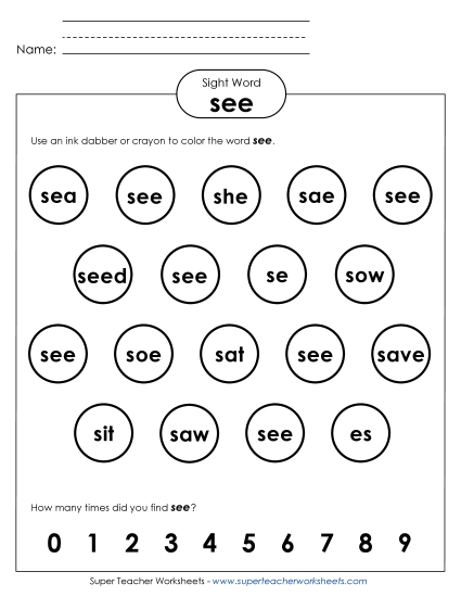 Dab or Color: See Sight Words Individual Worksheet