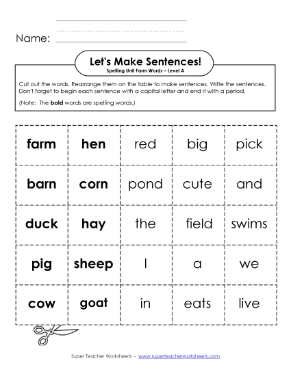 Let\'s Build Sentences (A-Farm Words) Spelling A Worksheet