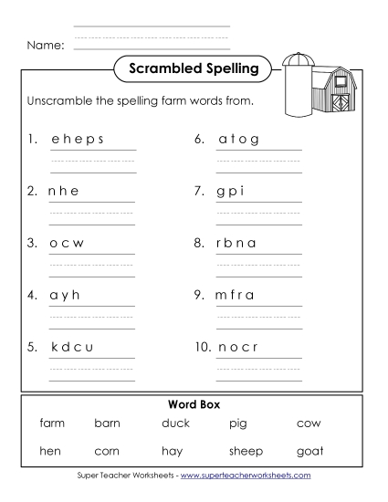 Word Unscramble (A-Farm Words)  Spelling A Worksheet