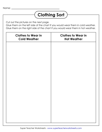 New Cold & Hot Weather Clothing Sort (Cut & Glue) Worksheet