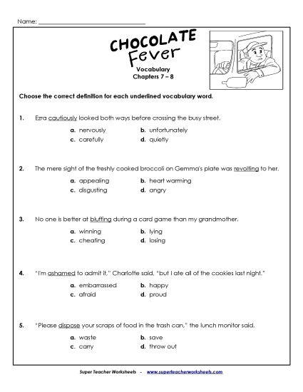 Vocabulary for Chapters 7-8 Book Chocolate Fever Worksheet