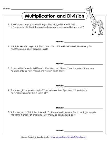 New Multiplication & Division at the Zoo (Word Problems) Worksheet New Multiplication & Division at the Zoo (Word Problems) Worksheet