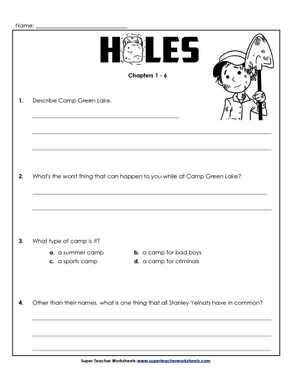 Questions for Chapters 1-6 Free Book Holes Worksheet