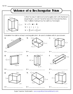 Volume of Rectangular Prisms (Fractions) Geometry Worksheet