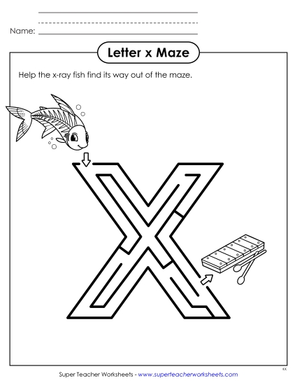 New Lowercase Letter x Maze Worksheet