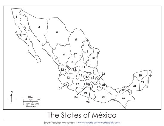 Numbered Mexico States Map