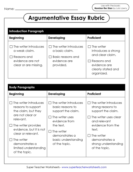New Argumentative Essay Rubric (Number the Stars) Worksheet