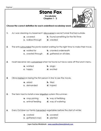 Vocabulary for Chapters 1-2 Books Worksheet