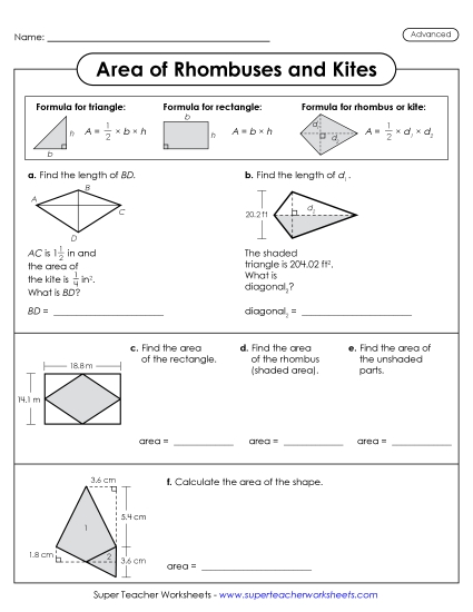 New Area of Rhombuses and Kites Challenges (Advanced) Worksheet