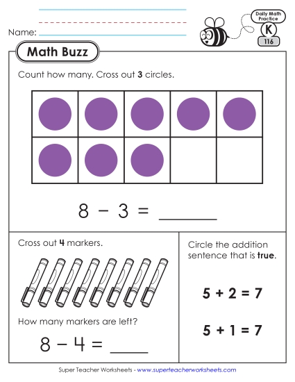 New Kindergarten Math Buzz: Week 24<br>Worksheets 116 through 120 Worksheet