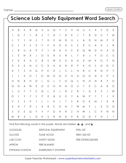 New Lab Safety Equipment Word Search (Advanced) Worksheet