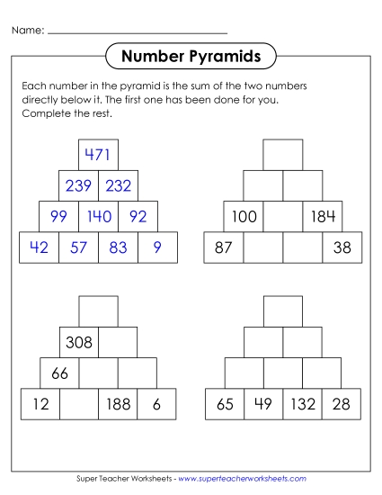 New Number Pyramids: 4 Rows, Top Number Unknown Worksheet New Number Pyramids: 4 Rows, Top Number Unknown Worksheet