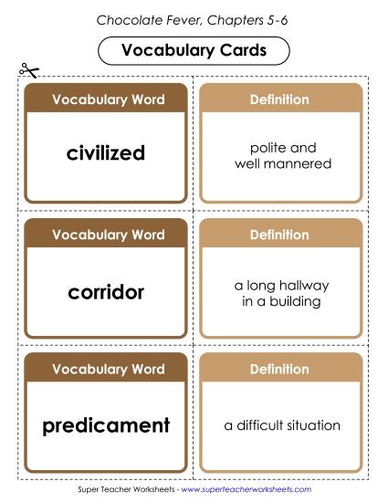 Vocabulary Cards for Chapters 5-6 Book Chocolate Fever Worksheet