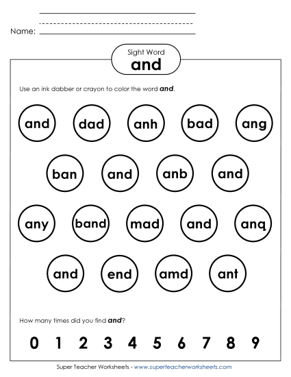 Dab or Color: And Sight Words Individual Worksheet