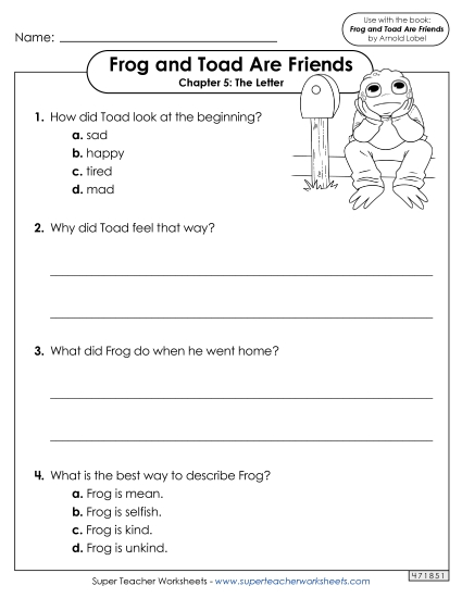 Questions for Chapter 5 Book Frog And Toad Worksheet