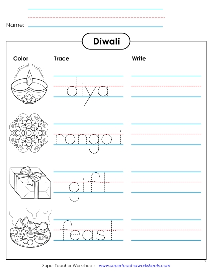 New Color, Trace, and Write: Diwali Words Worksheet New Color, Trace, and Write: Diwali Words Worksheet