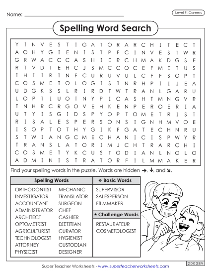 Word Search (Careers) Spelling F Worksheet